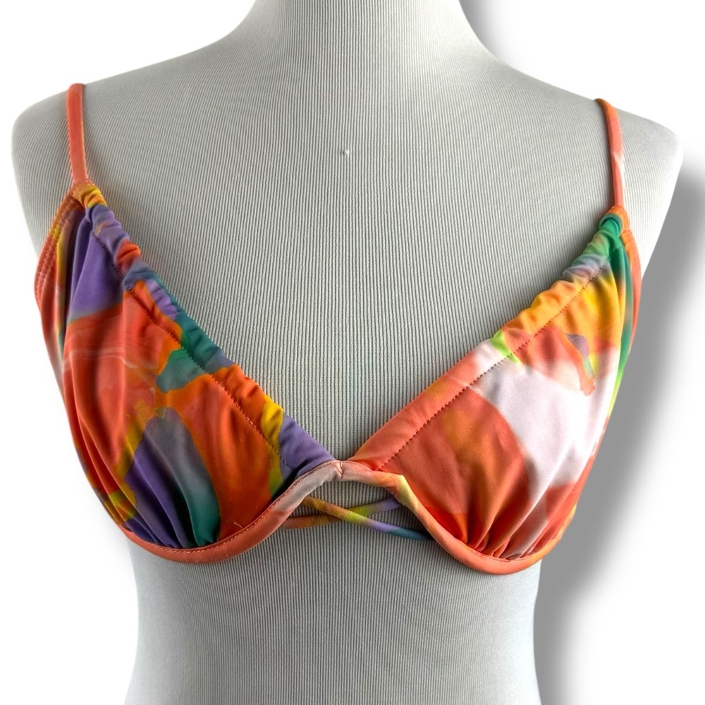 Pretty Little Thing Size 10 Ruched Underwire Bikini Swimsuit Top Peach Marble